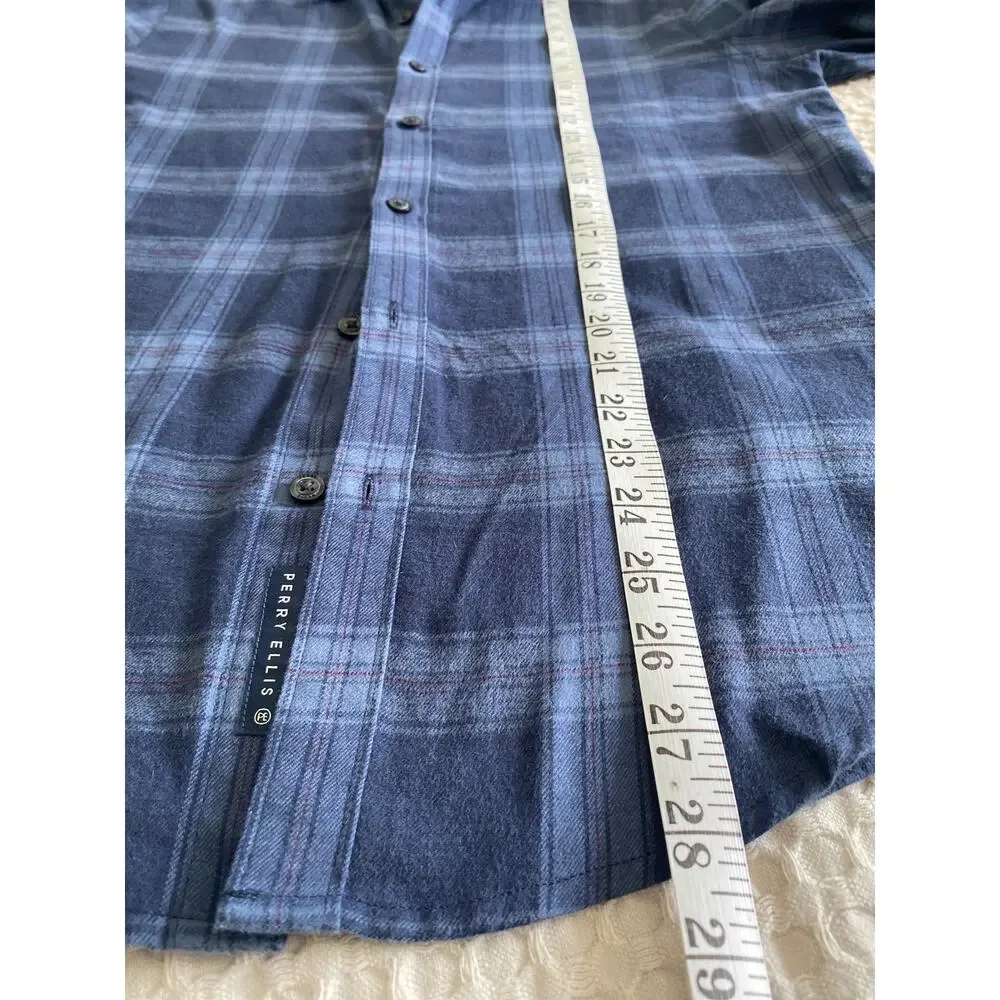 Perry Ellis Mens Blue Plaid Lightweight‎ Flannel Button Up Sz S